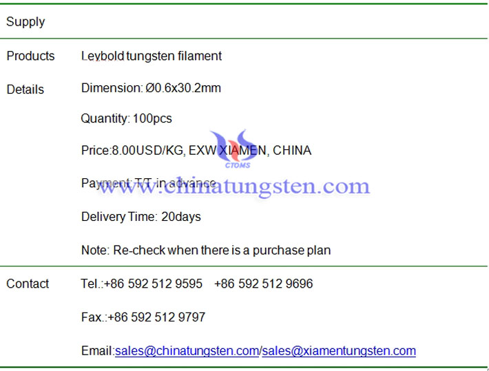 Leybold tungsten filament price image