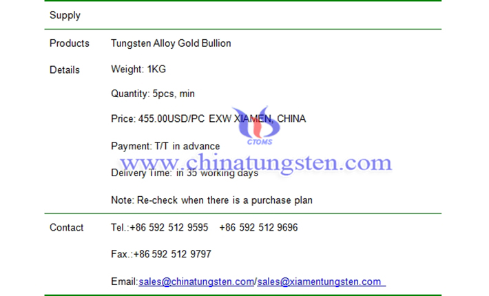 tungsten alloy gold bullion price picture