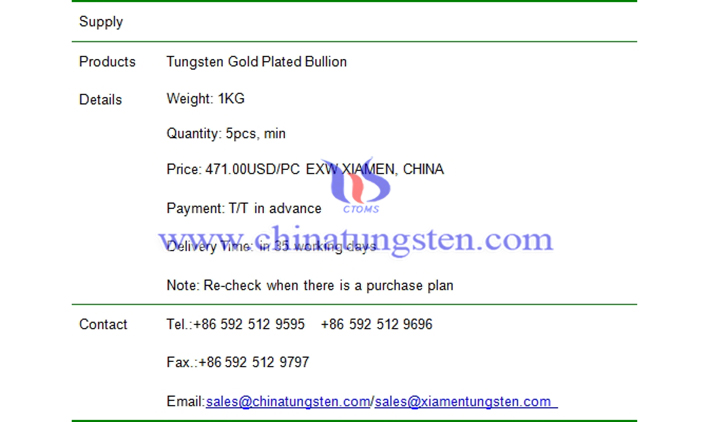 tungsten gold plated bullion price picture