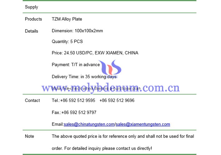 TZM alloy plate price picture