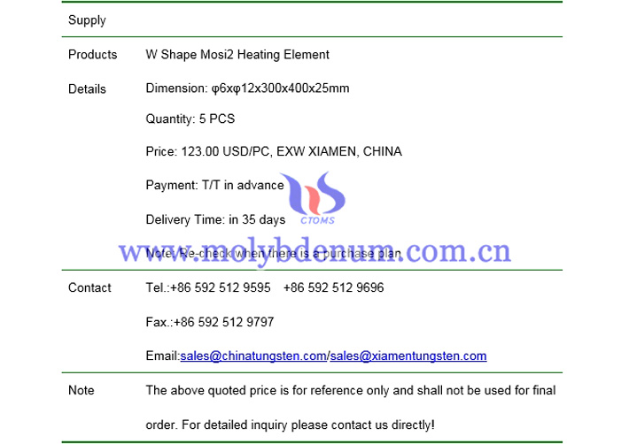 W shape MoSi2 heating element price picture